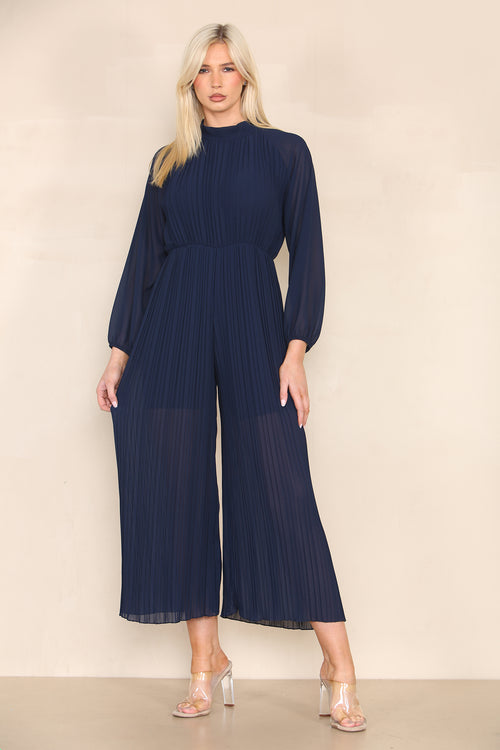 High Neck Pleated Jumpsuit with Open Bow Back