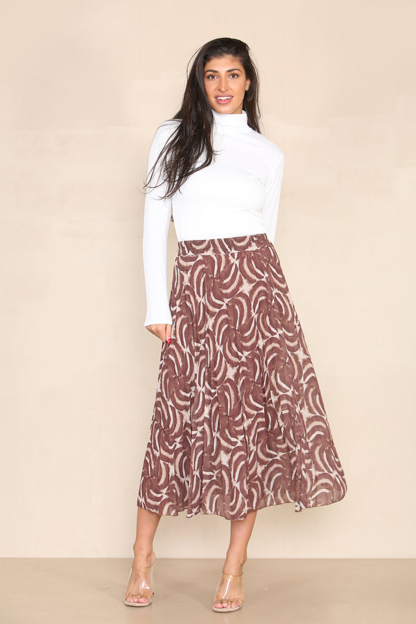Brown Wave Print Pleated Midi Skirt