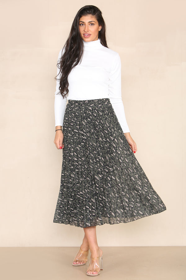 Khaki Leopard Print Pleated Midi Skirt