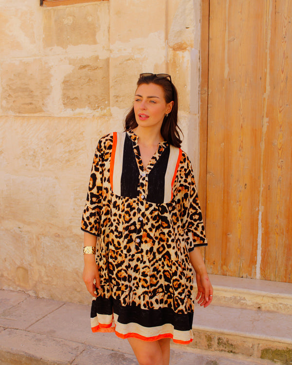 Leopard Contrast Print Smock Tunic Dress