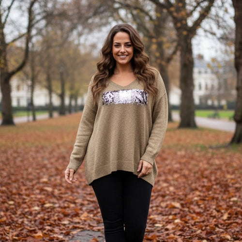 Animal Sequin Embellished V Knit Jumper