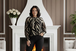 Zebra Lurex Embossed Crew Neck Bubble Hem Blouse