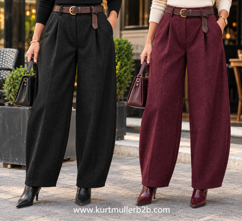 Textured Tweed Barrel Leg Belted Trousers