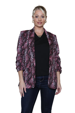 Oversized Reptile Print Rouched Sleeve Blazer
