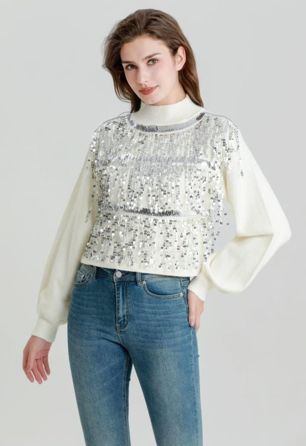 Sequin Embellished Wool Blend Cropped Knit Jumper