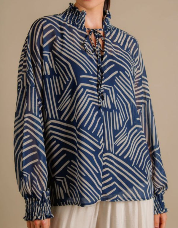 Geometric Print Neck Chiffon Blouse