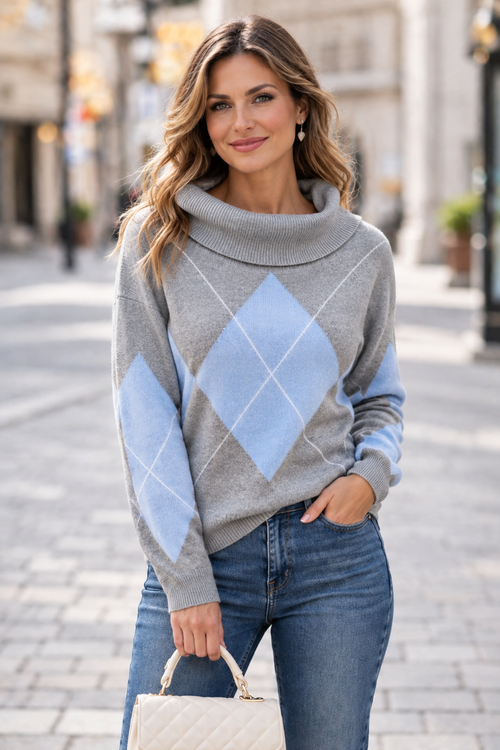 Argyle Bardot Cowl Fine Knit Jumper