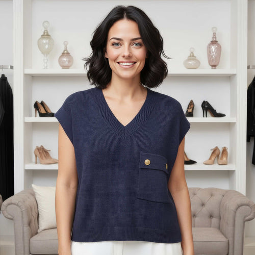 V Ribbed Pocket Sleeveless Knit