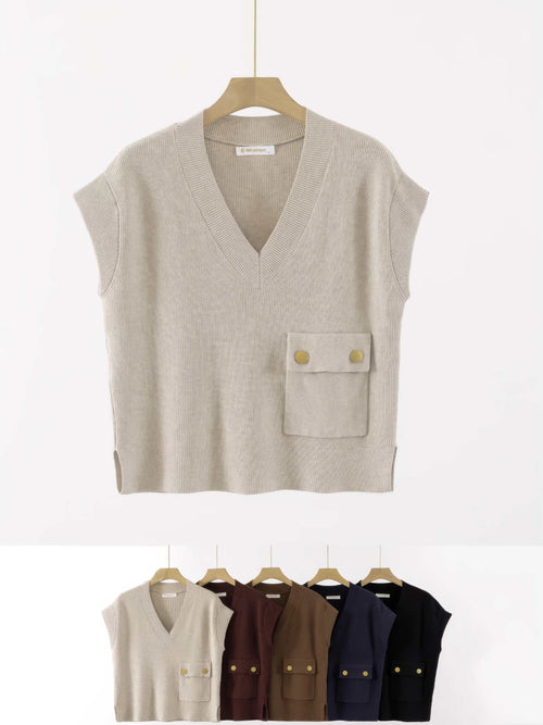 V Ribbed Pocket Sleeveless Knit