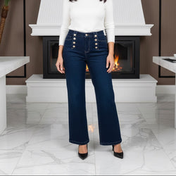 Wide Leg Gold Button Indigo Dark Wash Voggo Jeans