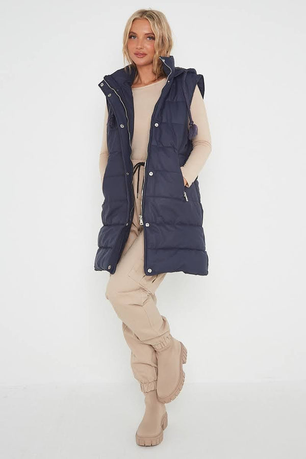 Navy Leather Look Quilted Gilet with Hood