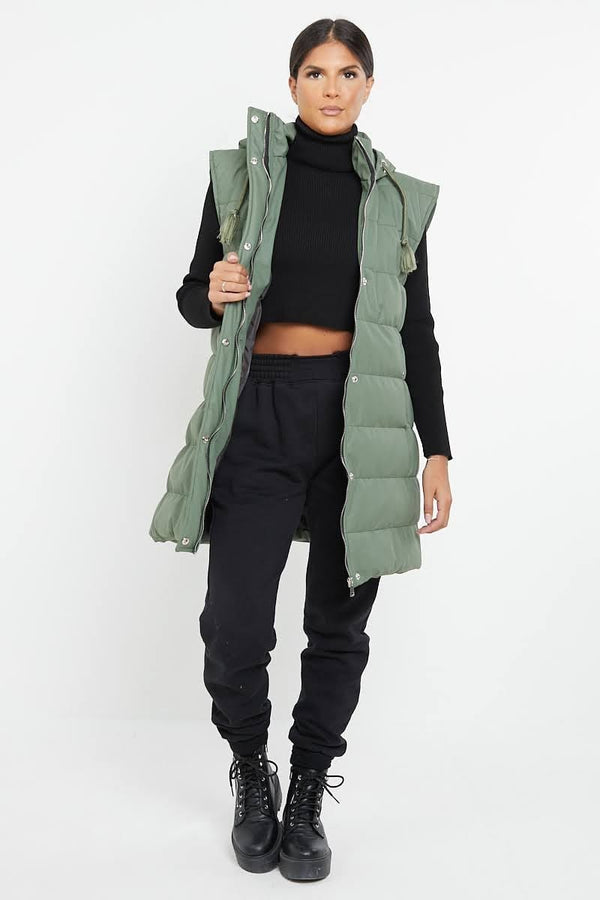 Khaki Leather Look Quilted Gilet with Hood