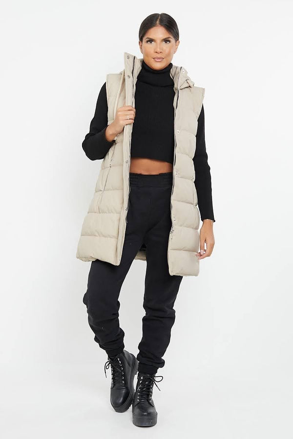 Cream Leather Look Quilted Gilet with Hood