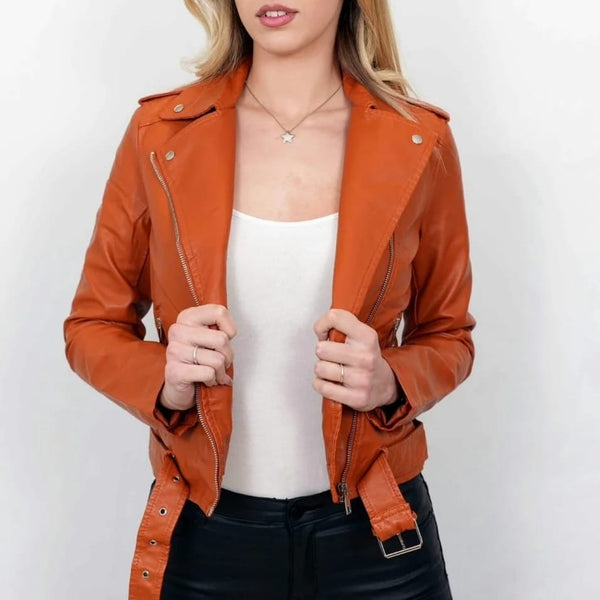 Plain Leather Look Biker Jacket