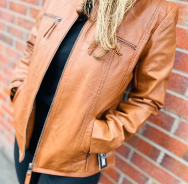 Tan Brown Real Leather Mandarin Collar Jacket