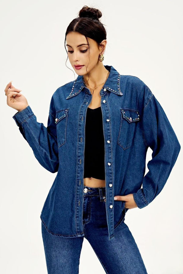 Coloured Crystal and Pearl Cotton Denim Shirt