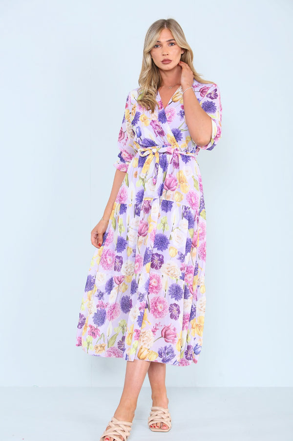 Alex Floral Print Pleated Belted Maxi Dress