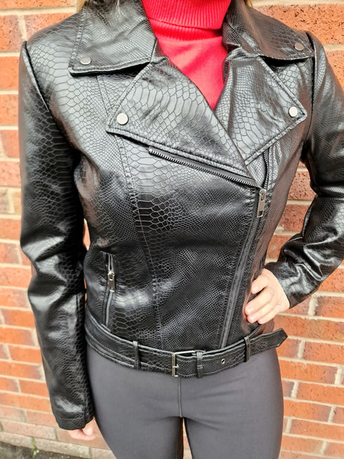 Black Biker Moc Croc Leather Look Jacket