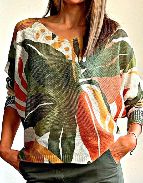 Tropical Print Fine Knit Top