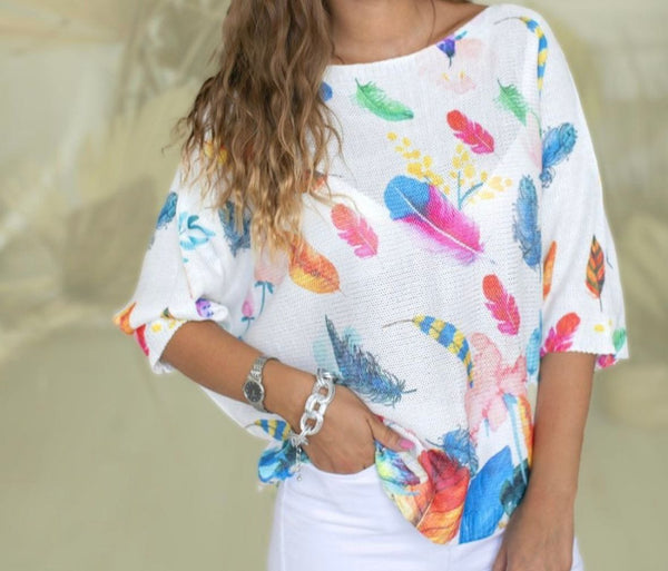 Feather Print Batwing Fine Top