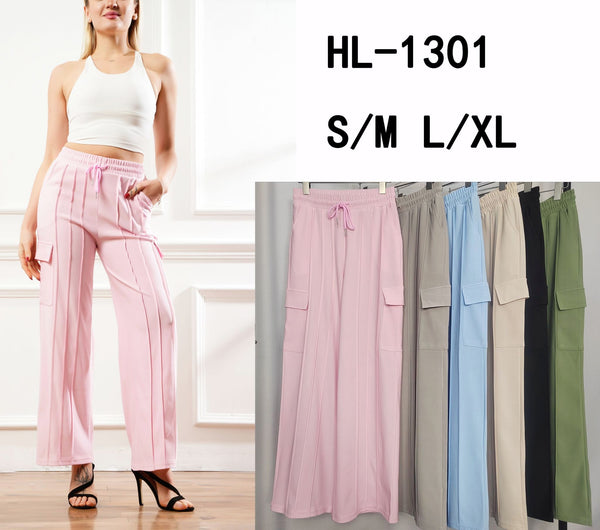 Pleated Front Cargo Wide Leg Ribbed Trousers
