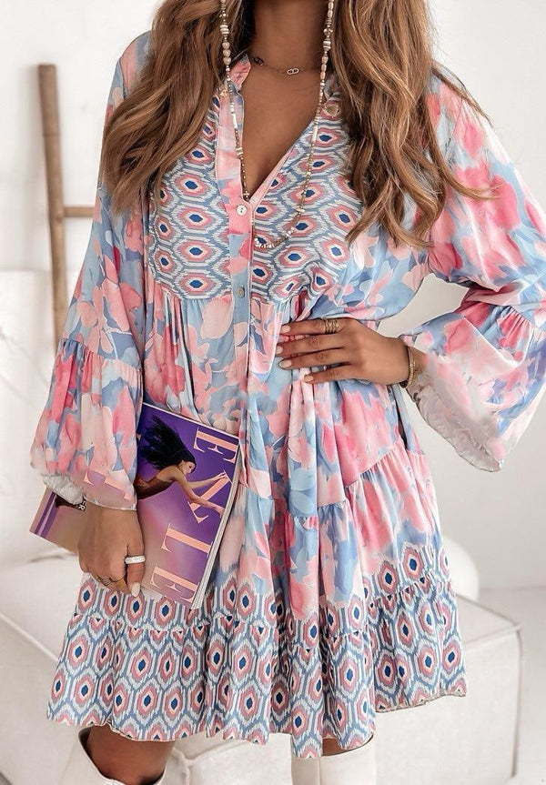 Pastel Pink and Blue Floral Print Smock Tunic Dress