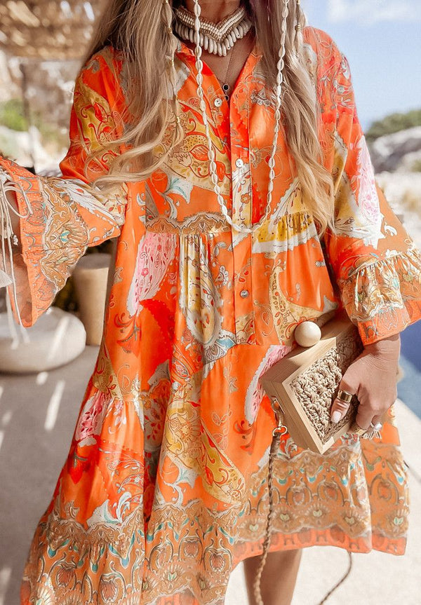 Orange Paisley Print Smock Tunic Dress