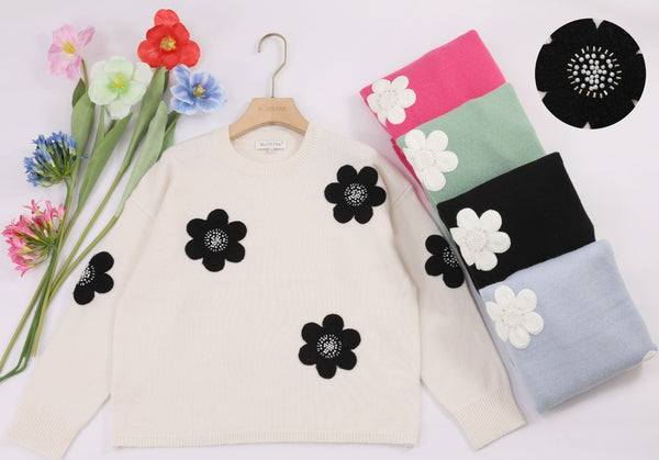Soft Cashmere Touch Pearl Embellished Daisy Crew Knit