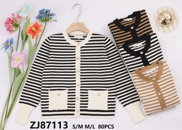 Stripe Gold Button Soft Touch Cardigan