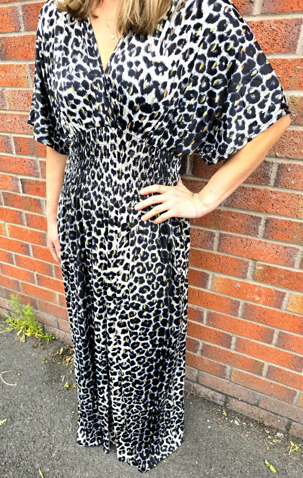 Gold Foil Leopard Print Oversized Slinky Crossover Maxi Dress