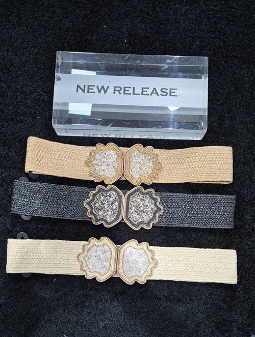 Crystal Embellished Double Shell Straw Stretch Waist Belt