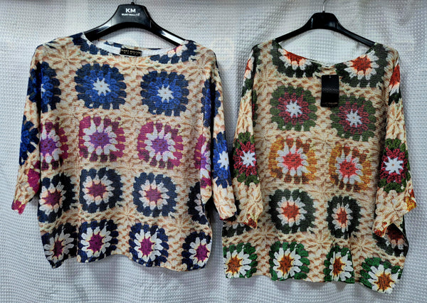 Retro Floral Print Fine Knit Tops