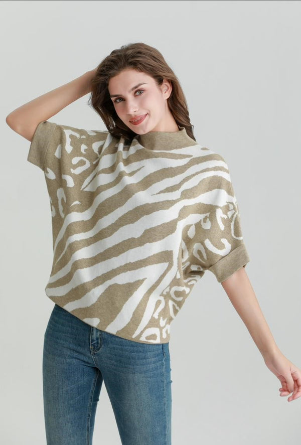 Marble Swirl Print Funnel Neck Fine Knit