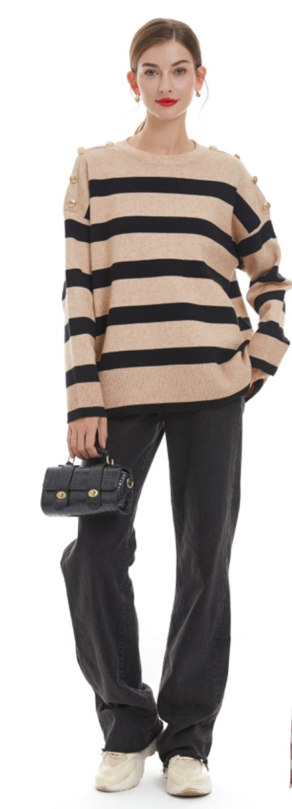 Gold Button Shoulder Stripe Knit