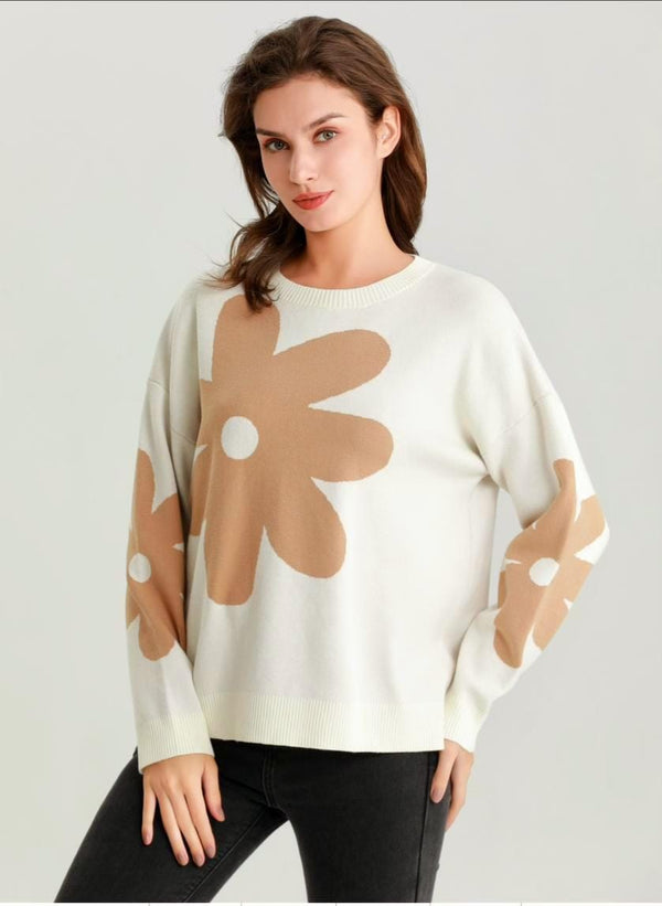 Contrast Big Daisy Knit Jumper