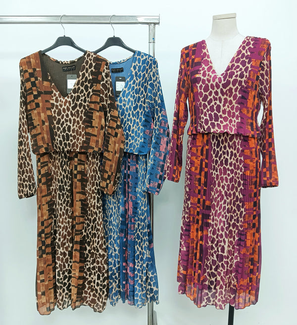 Leopard Abstract V Neck Plissee Layered Maxi Dress