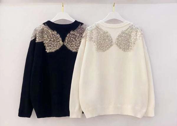 Angel Wing Crystal Pearl Back Knit Jumper