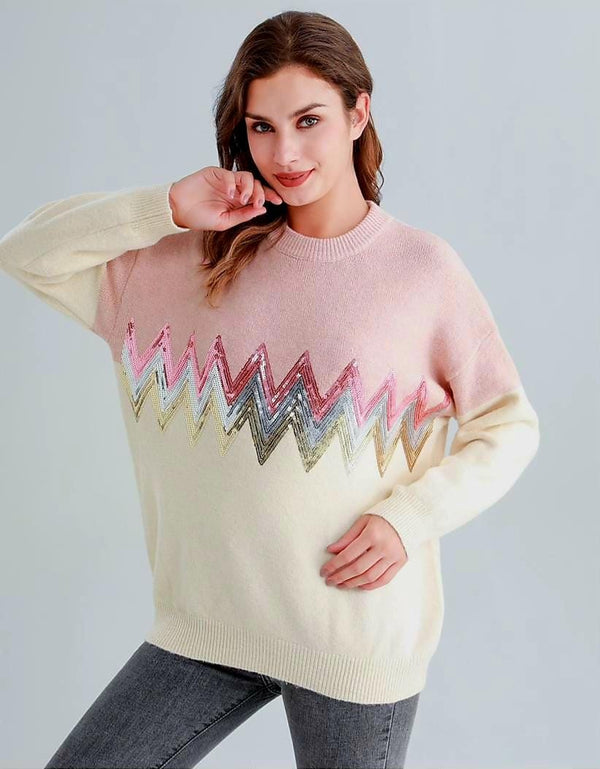 Sequin ZigZag Contrast Knit Jumper