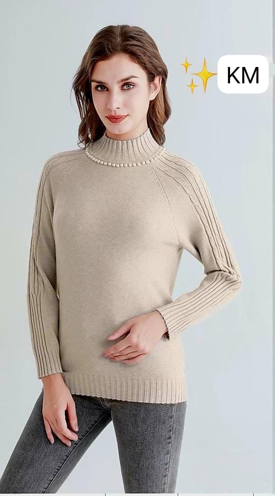 Pearl Trim Neck Knit Jumper