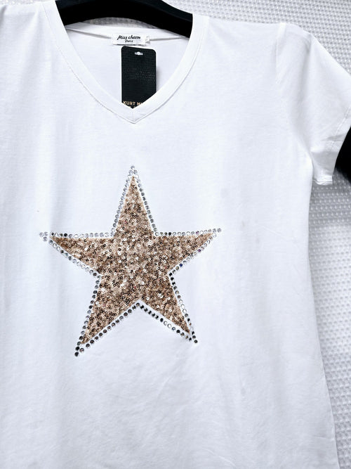 V Sequin Star Cotton Top Tshirt