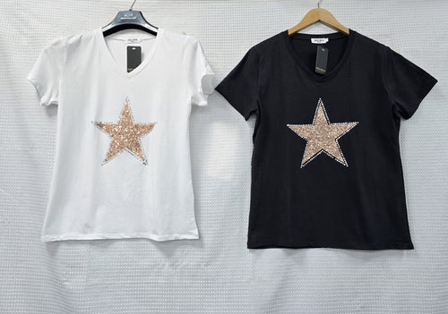 V Sequin Star Cotton Top Tshirt