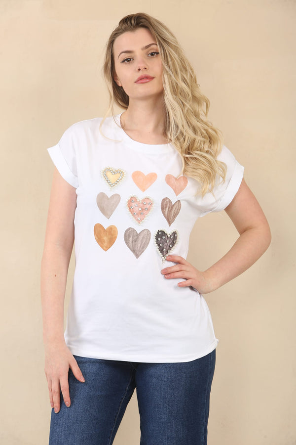 Pearl Crystal Multi Heart Cotton Top T-shirt