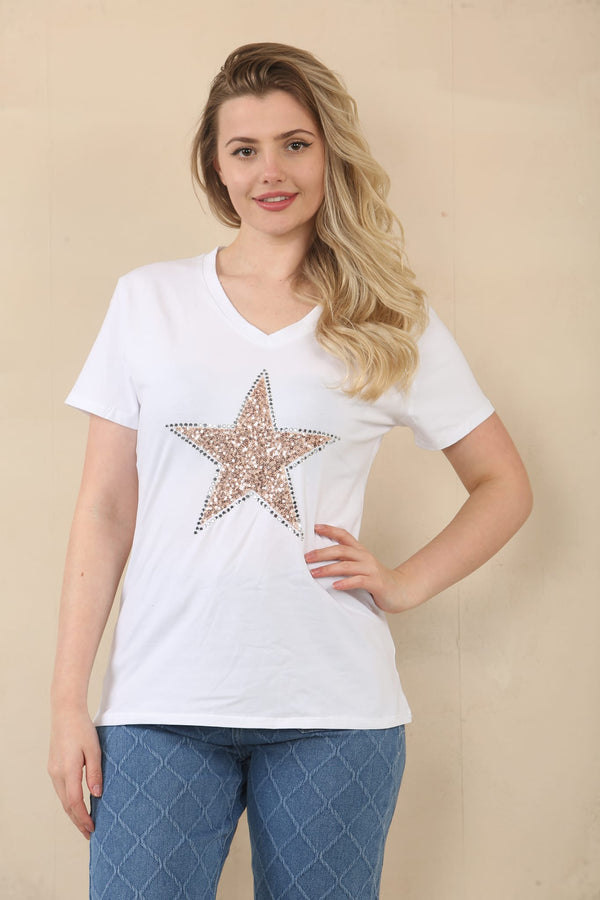 V Sequin Star Cotton Top Tshirt