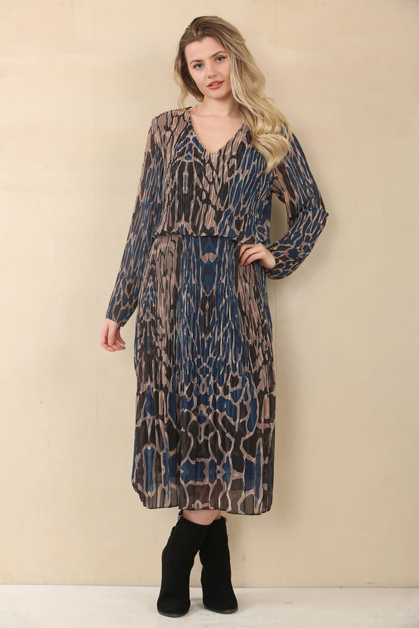 Karina Abstract Animal Print Plissee Layered Midaxi Dress