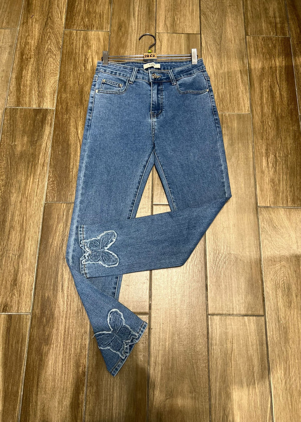 Vintage Butterfly Embellished Stretch Jeans