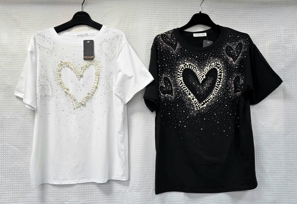 Pearl Crystal Heart Cotton Tshirt