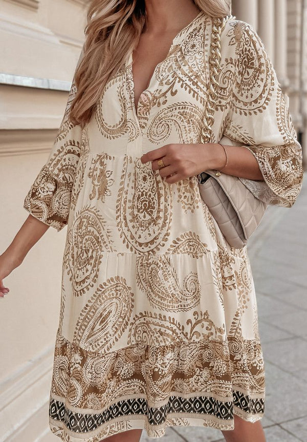 Beige & Brown Paisley Smock Tunic Dress