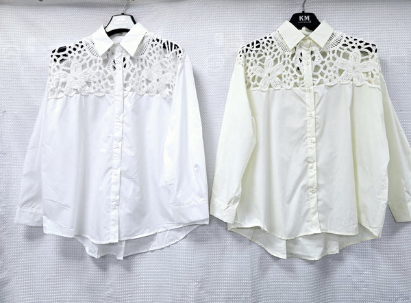 Crochet Panel Curve Hem Cotton Shirt