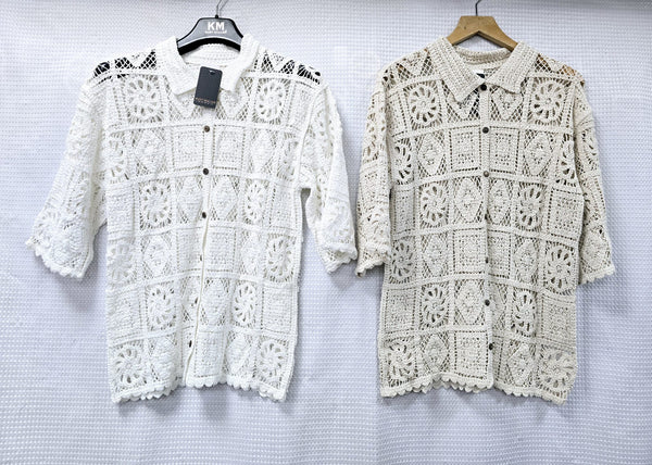 Cotton Crochet Collar 3/4 sleeve Shirt