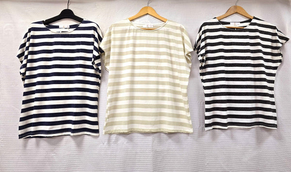 Shimmer Stripe Button Back Cotton T-shirt Top